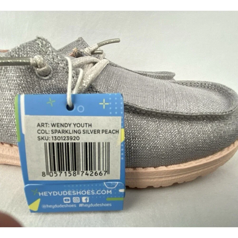 NWT HEY DUDE Shoes Youth Kids Size 3-4 Girls Wendy Sparkling‎ Silver Peach MINT
